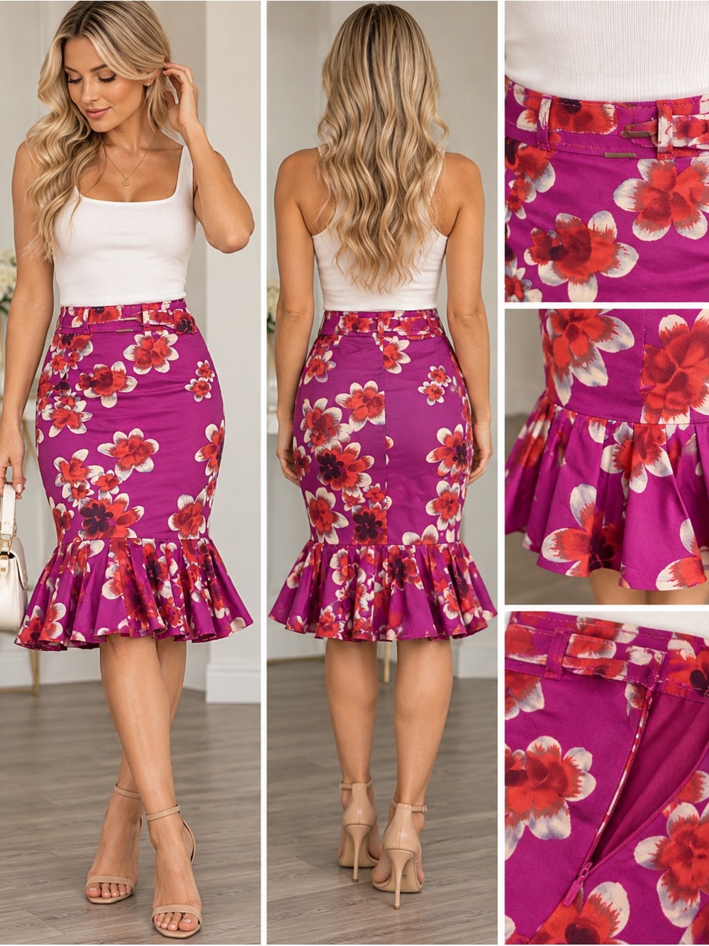 Karen Millen Floral Ruffle Hem Skirt Pink Purple Belted US 4